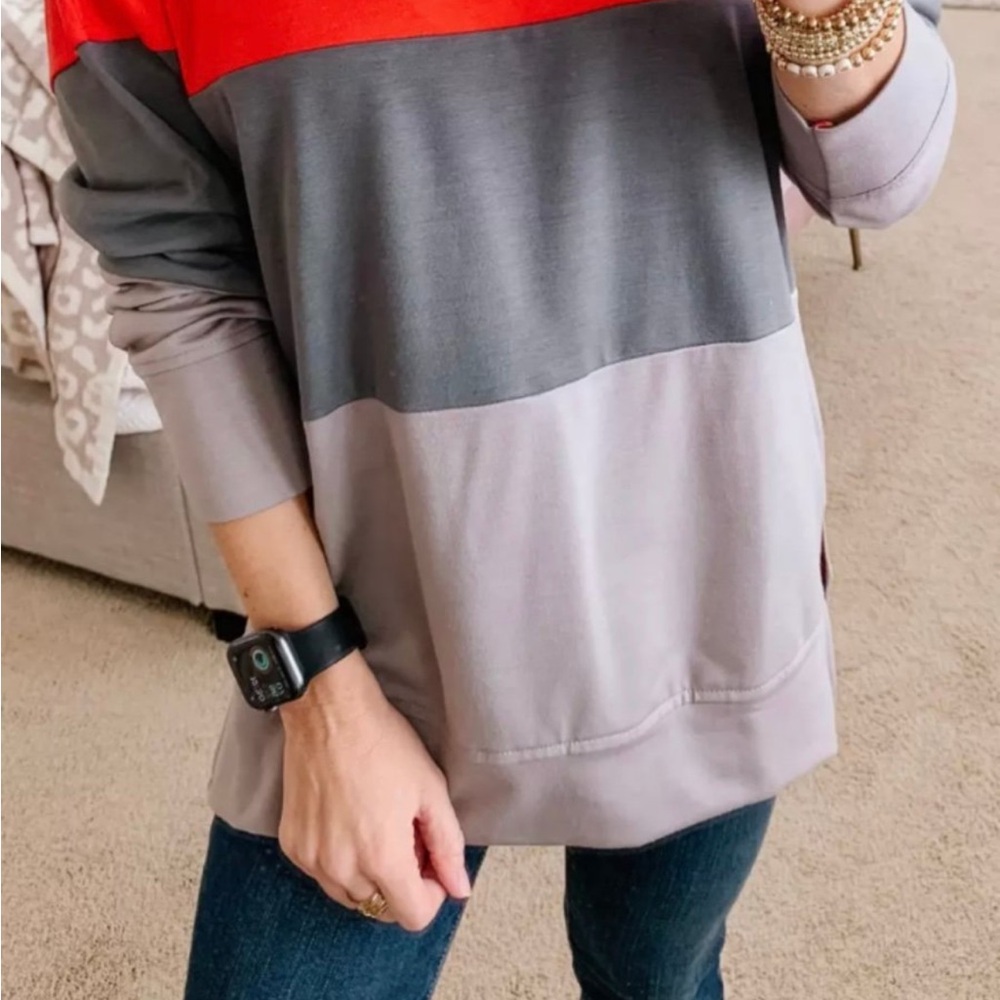 Colorblock Long Sleeve Women's Top - Gray, Light Gray & Red
